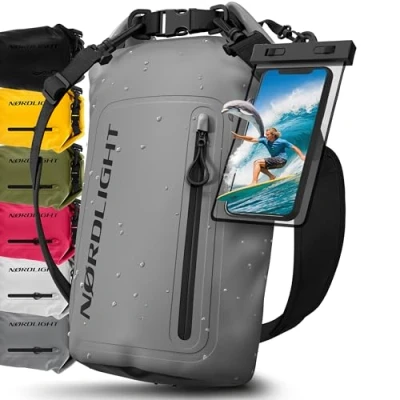 Immagine di Nordlight Dry Bag Sacca Impermeabile + Custodia per Cellulare Chiusura Arrotolabile, Tracolla Zaino Stagna Borsa Spiaggia, Canoa, SUP, Immersioni Grigio, 30 Litri