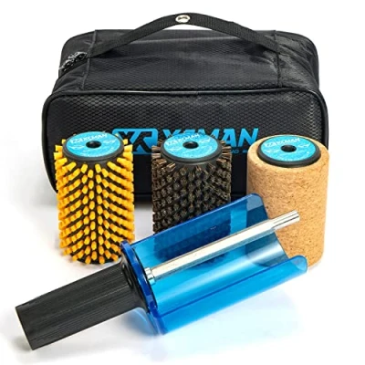 Immagine di Xcman Set di spazzole rotanti per sci, lunghezza 100 mm, manico con targhetta sicurezza e 3 spazzole: nylon, crine cavallo, sughero