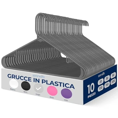 Immagine di SereneLife Set di 10 grucce in plastica, antiscivolo, resistenti, con gancio girevole a 360, finitura liscia per proteggere il tessuto, leggere, ultra sottili, cappotti e altri vestiti (grigio)