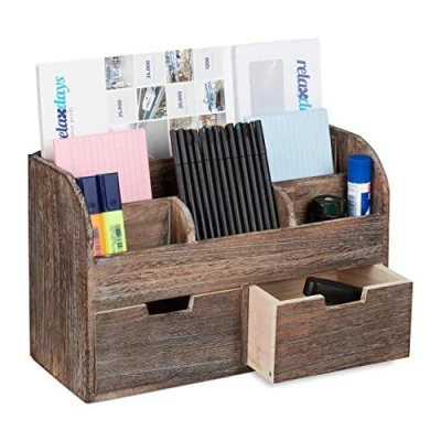 Immagine di relaxdays Desk Organizer, 6 Scomparti, 2 Cassetti, Ufficio, Portadocumenti in Legno, HLP 25x36,5x15cm, marrone scuro