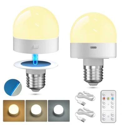 Immagine di Lamptobe Lampadina Ricaricabile USB con Telecomando, 3 Temperature di Colore Dimmerabile Lampadine LED E27, a Batteria, Base Staccabile, Magnetica, Timer per Lampade Non Cablate 2 Pezzi