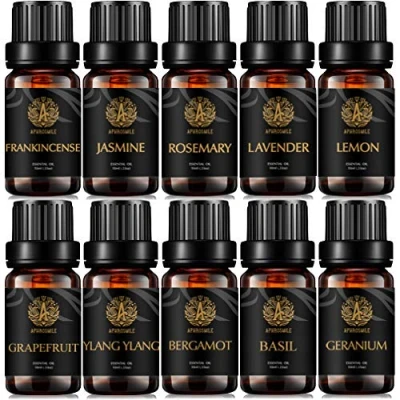 Immagine di set di oli essenziali pompelmo per aromaterapia, kit bergamotto umidificatore, grado terapeutico da 10 x ml, limone, incenso, basilico, olio