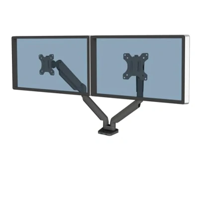 Immagine di Fellowes Braccio monitor doppio Platinum Series, regolabile con molle a gas, attacco VESA 75x75 e 100x100, 2 porte USB integrate, per fino 32&quot; 8 kg, colore nero