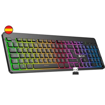 Immagine di KLIM™ Light V2 Tastiera Wireless ES + Sottile, Resistente, Ergonomica, Impermeabile, Silenziosa Gaming Retroilluminata per PC Mac PS4 Xbox One Batteria a lunga durata NUOVA Versione