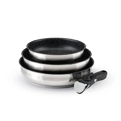 Immagine di Qulinart Batteria da cucina a induzione 4 pezzi Set di 3 padelle antiaderenti 20, 24 e 26 cm con manico rimovibile Acciaio inossidabile Tutto il fuoco Senza PFOA Argento/Nero