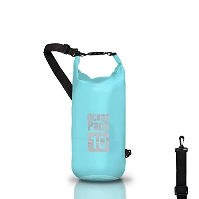 Immagine di Dry Bag, Borsa Sacca Zaino impermeabile Waterproof, chiusura a rotolo e tracolla, custodia per cellulare marsupio Mare Barca Pesca Rafting Spiaggia Sport Acquatici (Light Blue, 10l)