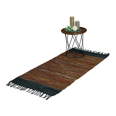 Immagine di Relaxdays Tappeto in Cotone e Pelle con Frange, Passatoia per Salotto, Camere da Letto, Marrone, LxP: 70 x 140 cm