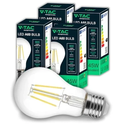 Immagine di V TAC 4x Lampadina LED Filamento attacco E27 [Alta Efficienza 6W ] A60 600 Lumen (Equivalenti a 45W) Lampadine Risparmio Energetico 3000K Luce Bianca Calda