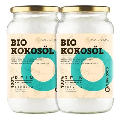 Immagine di Olio di Cocco Biologico Extra Vergine CocoNativo 2x1000ml (2L) Crudo e Spremuto a Freddo; Organico Puro; Non Processato, (Bio Nativo),Ideale per Capelli, il Corpo ad Uso Alimentare