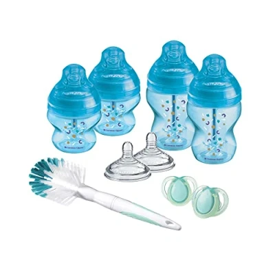 Immagine di Tommee Tippee Kit di Biberon Closer to Nature per Neonati, Tettarella Simile al Seno a Flusso Lento con Valvola Anticolica, Dimensioni Misti, Blu