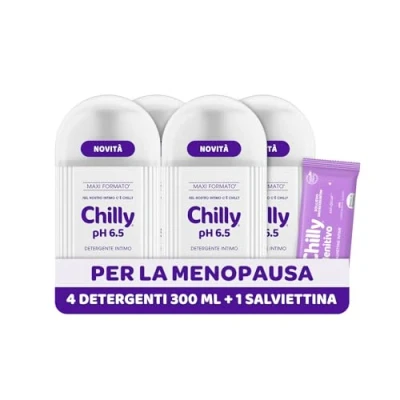 Immagine di Chilly, Detergente Intimo pH 6.5, Nutriente per la menopausa, Con Complesso Anti Odor Igiene Intima, acido ialuronico dalle proprietà idratanti, Clinicamente Testato, 4 Pezzi da 300 ml