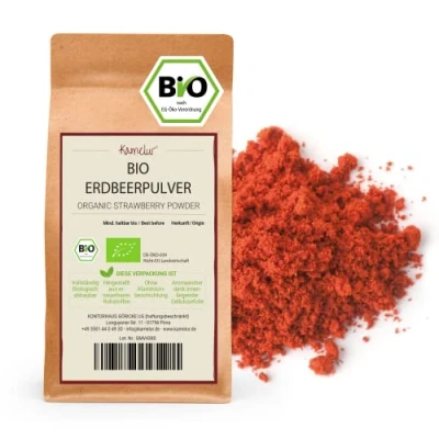 Immagine di 250g di frutta BIO in polvere a base fragole liofilizzate gustose polvere, finemente macinata e senza additivi, confezione biodegradabile