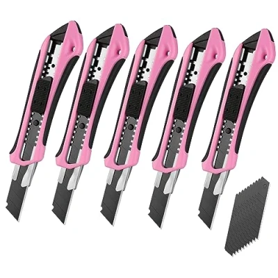 Immagine di WORKPRO Taglierine Professionali a 5 Pezzi, Taglierina Standard Staccabile con Guida in Acciaio Inossidabile, Coltello Grafico Sk5 da 18 mm, 20 Lame di Ricambio, Ideale per Tagliare Carta, Rosa e nero