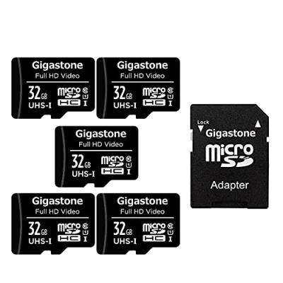 Immagine di Gigastone Scheda di memoria da 32 GB, confezione 5 schede, ad alta velocità lettura fino a 90 MB/s. Ideale per fotocamera Drone Full HD Video, U1 C10 Micro SDHC UHS I con 2 mini custodie e 1