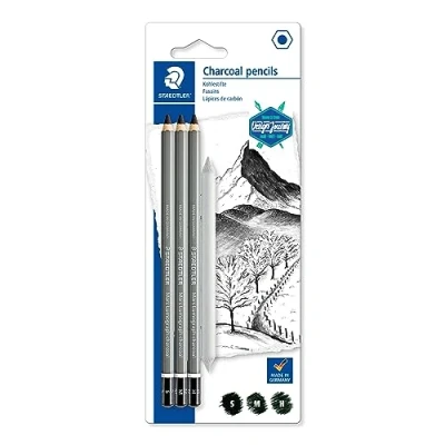 Immagine di STAEDTLER Mars lumograph Charcoal 100 C design Journey Blister 3 matite grafite assortiti (H, M, S) + 1 ESTOMPE