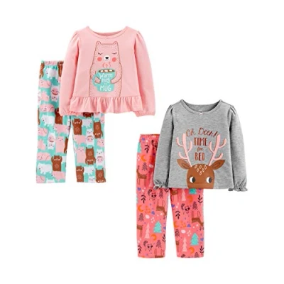 Immagine di Simple Joys by Carter&#039;s 4 Piece Pajama Set (Cotton Top &amp; Fleece Bottom) Pigiama, Grigio Stampa Renne/Rosa/Rosa Chiaro Orsi/Verde Menta, 5 Anni Bambine e Ragazze