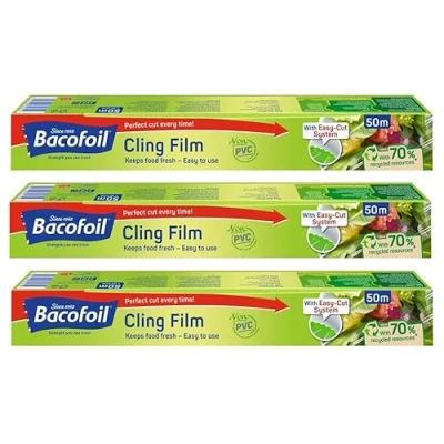 Immagine di 3 x pellicola trasparente senza PVC con lama curva, facile da tagliare, usare, BPA, 100% riciclabile, non PVC, perfetta per confezionare alimenti congelati e mantenere il cibo fresco,