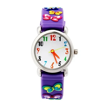 Immagine di ele ELEOPTION Orologio per bambini Impermeabile 3D Simpatico cartone animato Quadrante rotondo da polso in gomma siliconica Regalo bambine， Farfalla, Viola