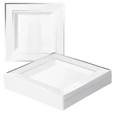 Immagine di Matana 20 Piatti Quadrati in Plastica Premium Bianchi con Bordo Argento, 24cm Eleganti, Resistenti e Riutilizzabili Matrimoni, Compleanni, Natale, Barbecue, Feste