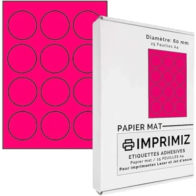 Immagine di 300 etichette autoadesive rotonde, diametro 60 mm, 12 per foglio, 25 fogli di carta colorata A4 stampa a getto d&#039;inchiostro e laser, rosa fluo