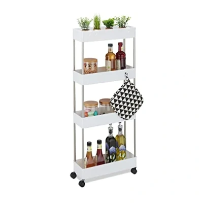 Immagine di Relaxdays Mobiletto Salvaspazio, HLP: 98x15,5x40,5 cm, 4 Ripiani, Ganci, Carrello da Bagno e Cucina, Plastica, Bianco, 50% Acciaio Inox