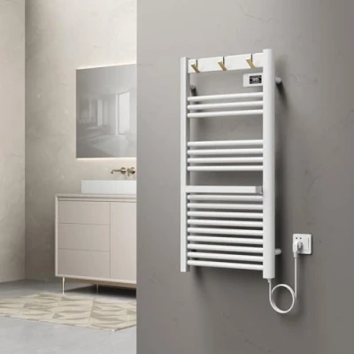 Immagine di pro.tec Scaldasalviette Elettrico Bagno Scalda Asciugamani da Parete 105 x 50 cm Termoarredo 500 W con Termostato Digitale Programmabile e 3 Ganci Ribaltabili Bianco