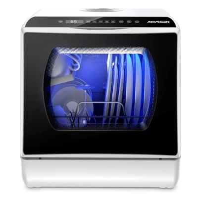 Immagine di AIRMSEN Mini Lavastoviglie da Tavolo 5+1 Programmi, Serbatoio 5L, 2 Modi di Approvvigionamento Idrico, Touch Control e Display LED, Ideale per Cucine, Appartamenti Dormitori, Bianca Nera