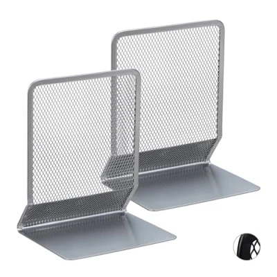 Immagine di Relaxdays Set da 2 Fermalibri per Mensole, Supporti Libri, Reggilibri a Rete in Acciaio, HLP 16,5x13,5x10,5 cm, Argento