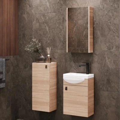 Immagine di Planetmöbel set da bagno completo di base 40 cm con lavabo, specchiera e 1x mobile midi in rovere Sonoma, per 4 pezzi.