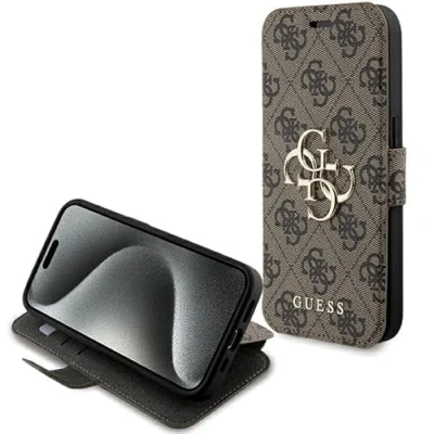Immagine di GUESS GUBKP15X4GMGBR Custodia per iPhone 15 PRO Max 6.7, con Logo in Metallo, Colore: Marrone