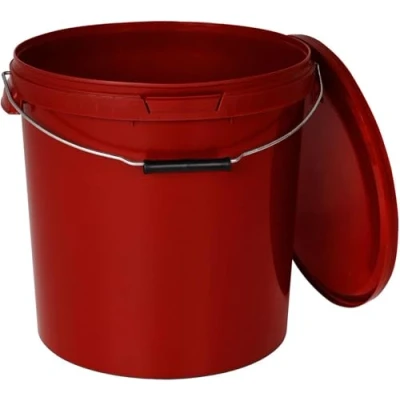 Immagine di BenBow Secchio con coperchio, 30 l, rosso, 5 x litri, per alimenti, stabile, ermetico, a prova di perdite, inodore, contenitore in plastica, manico metallo, vuoto