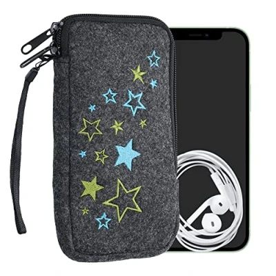 Immagine di kwmobile Custodia in Feltro con Zip per Smartphone XL 6,7/6,8&quot; Astuccio portacellulare a Sacchetto Cerniera e Ricamo Borsa Stellare Verde Chiaro/Blu/Grigio Scuro