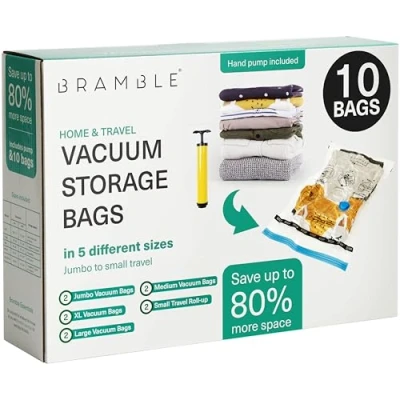 Immagine di BRAMBLE 10 Sacchetti Sottovuoto Salvaspazio per Vestiti Misure Incluse: XXL, XL, L, M, S da Viaggio 80% Più Spazio