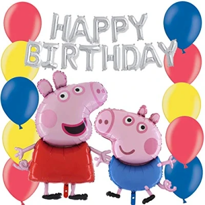 Immagine di Toyland Confezione Palloncini Peppa &amp; George con stendardo da 16 &quot;in Argento di Buon Compleanno, 37&quot; e Lattice Misto