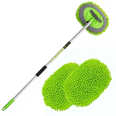 Immagine di GreatCool 160cm Spazzola di Pulizia per Lavaggio Auto con Manico Lungo, 2 in 1 Microfibra Spazzolone Autolavaggio Guanto Kit Camper Camion SUV, Non Danneggia Vernice (2 x Teste Mocio)