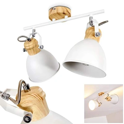 Immagine di plafoniera Banjul, in metallo ottica bianco/legno, 2 luci, con faretti regolabili, x attacco E27, faretto dal design retro/vintage, senza lampadina/e