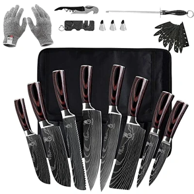Immagine di FULLHI set di coltelli, coltelli giapponesi da 14 pezzi, cucina in acciaio inox con impugnatura ergonomica e sacchetto per il trasporto.