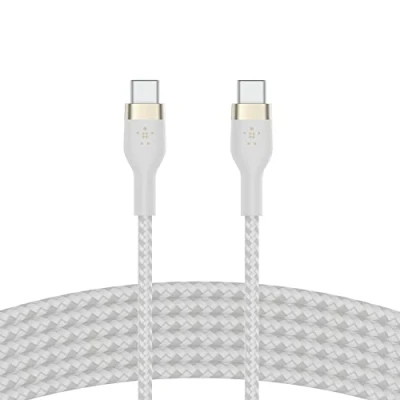 Immagine di Belkin BoostCharge Pro Flex cavo intrecciato da USB Type C a C, di ricarica rapida PD, certificato IF per iPhone 16/15, Galaxy S24, Pixel, iPad, Nintendo Switch, MacBook, 3 m, bianco