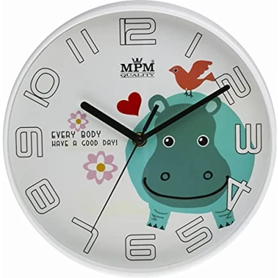 Immagine di MPM Orologio da parete per bambini, in plastica, motivo ippopotamo, colore: Bianco/Multicolore