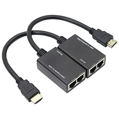 Immagine di QIANRENON Extender HDMI su RJ45 CAT 5e Adattatore per cavo di rete Ethernet Amplificatore segnale 100 piedi 1080P 30M Trasmettitore + ricevitore, 2 porte