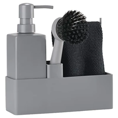 Immagine di Zone Denmark Set di 4 accessori per lavastoviglie con dispenser sapone/dispenser sapone/sapone, panno e spazzola piatti, 19 x 6 20,5 cm, grigio