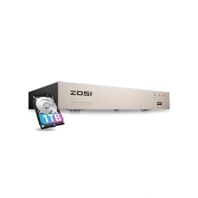 Immagine di ZOSI 1080P 8CH Videoregistratore Digitale con 1TB Hard Disk, H.265+ DVR a 8 Canali, Rilevamento di Movimento, Registrazione 24/7, Supporta AHD/CVBS/CVI/TVI, Controllo Remoto