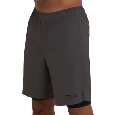 Immagine di TCA Ultra Pantaloncini Uomo Palestra 2 in 1 Sportivi da Corsa Running Shorts con Pantaloncino a Compressione Interno Grigio (Tasca Posteriore), L