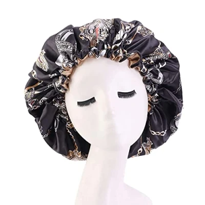 Immagine di Cospack Cuffia in raso per capelli naturali, donne nere, seta, ricci, dormire, colore: nero