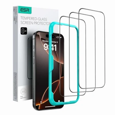 Immagine di ESR Pellicola Vetro per iPhone 16 Pro, temperato con supporto di installazione, Durezza 9H, Protezione militare, Chiarezza HD, Resistente ai graffi, 3 Pezzi