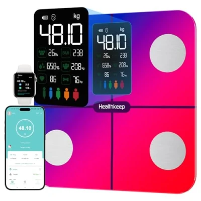 Immagine di bilancia per il grasso corporeo, persone con corporeo e massa muscolare, 15 dati del corpo analisi intelligente app, ampio display,