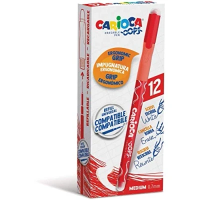 Immagine di CARIOCA Oops Penne Rosse Set Cancellabili Ricaricabili per Scuola e Ufficio con Cappuccio, Doppia Gomma Impugnatura Ergonomica, Rosse, 12 Pezzi