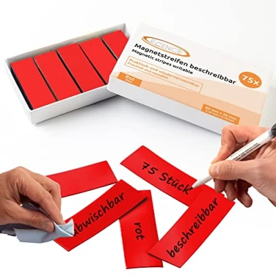 Immagine di ECENCE 75 etichette magnetiche scrivibili 60x20mm Rosso strisce adesive tagliabili cartellini magnetici cancellabili per lavagne bianche, frigoriferi,