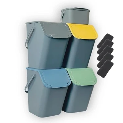 Immagine di Go Practic Set di 5 pattumiere da cucina, 4 25 l con coperchio, 1 piccolo contenitore per l’umido, impilabili, funzione coperchio a scatto, grigio