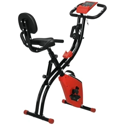 Immagine di HOMCOM Cyclette Pieghevole 2 in 1, Resistenza Magnetica Regolabile 8 Livelli, Bici da Fitness con Sensore di Frequenza Cardiaca, Elastici per Braccia, Schermo LCD, Rosso